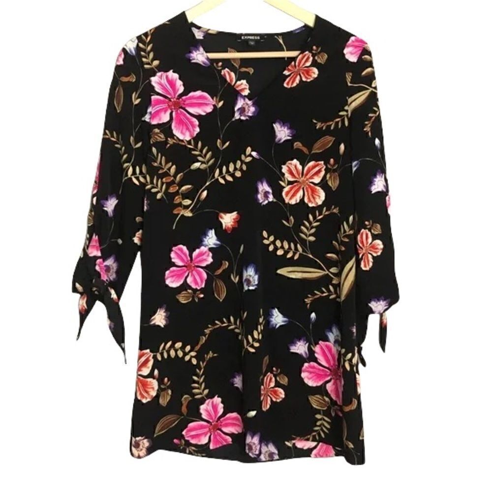 Express Hawaiian Hibiscus Floral Print Pink/Orange/Purple Black Dress